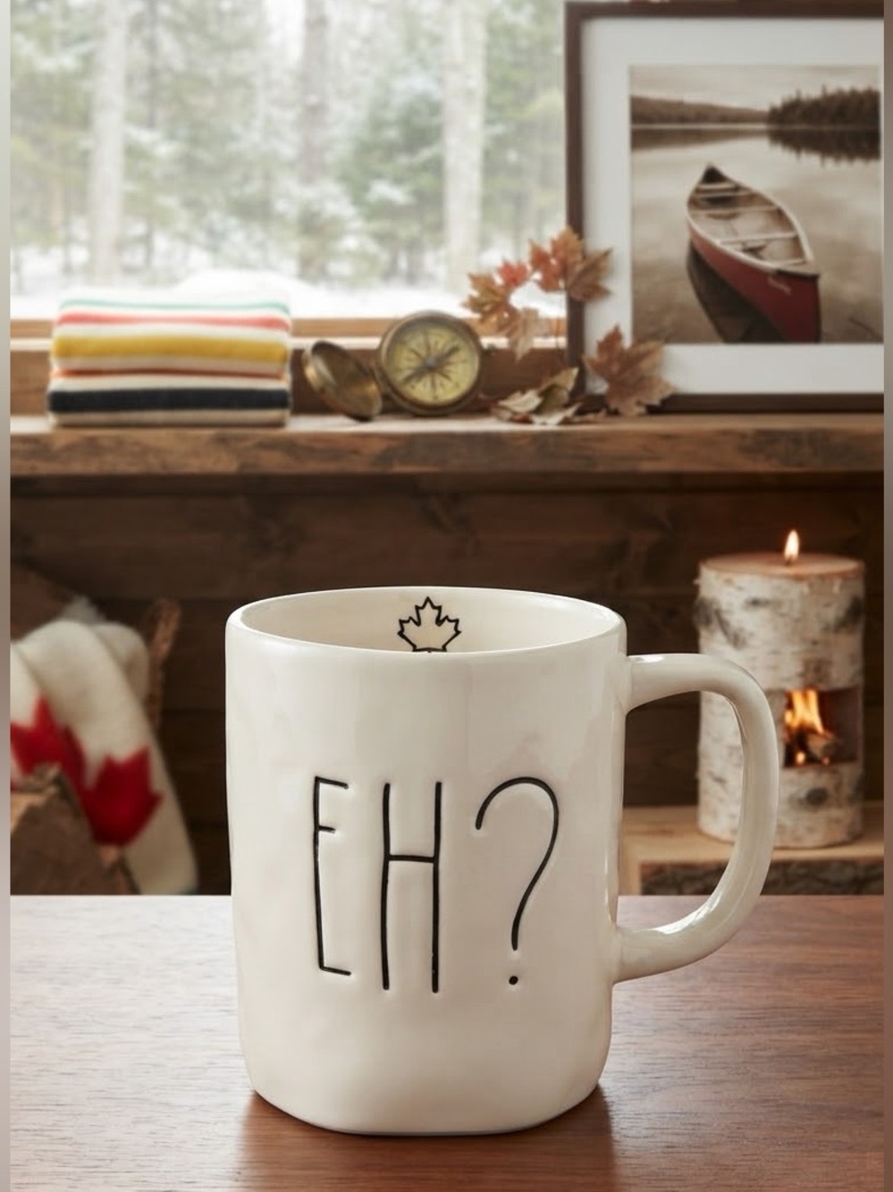Rae Dunn White Ceramic Mug with 'EH?' Text